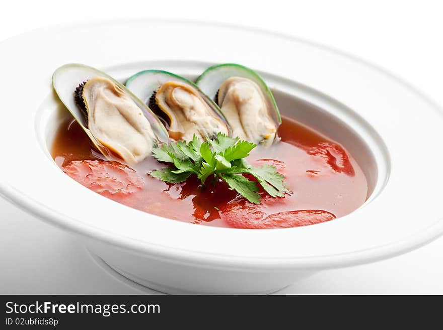 Tomato Soup with Mussels and Herbs