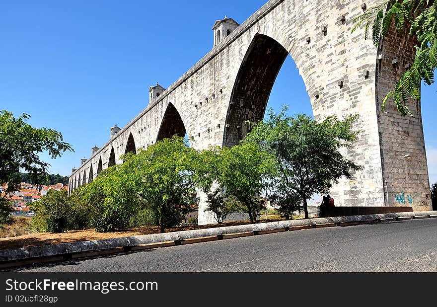 The historic architecture water in Lisbon was built in 18 century, Portugal. The historic architecture water in Lisbon was built in 18 century, Portugal