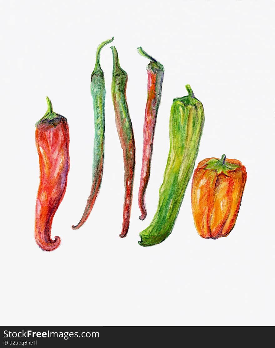 Red, Green and Orange Peppers and Chillies.