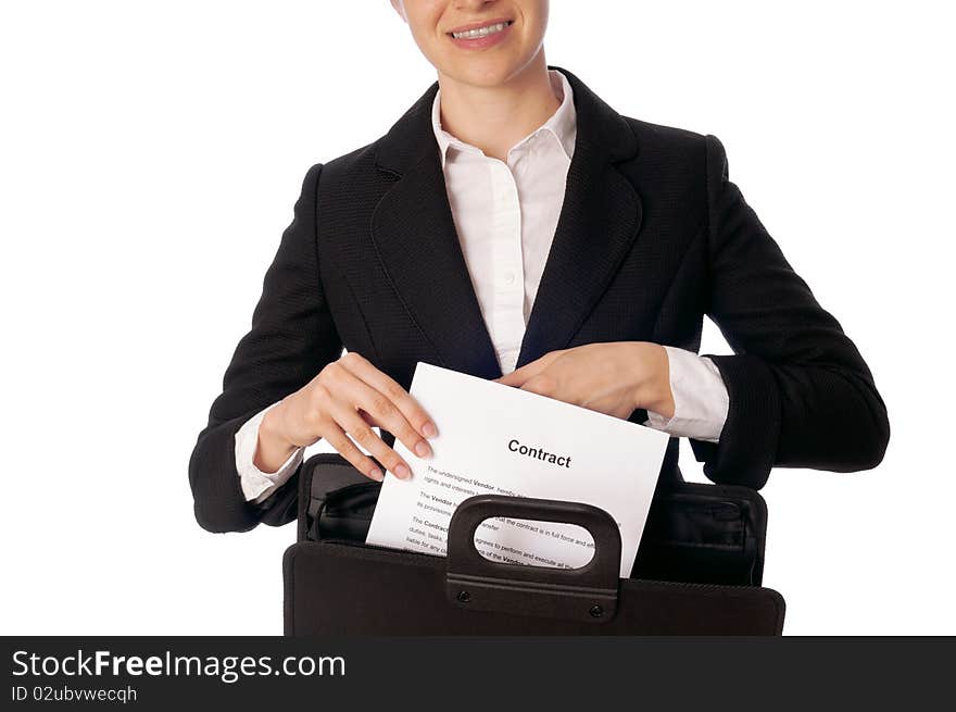 Suitcase with blank contracts for new employees. Suitcase with blank contracts for new employees