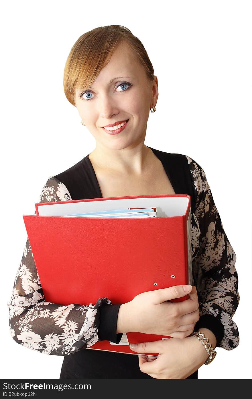 Young smiling woman holds the red folder. Young smiling woman holds the red folder