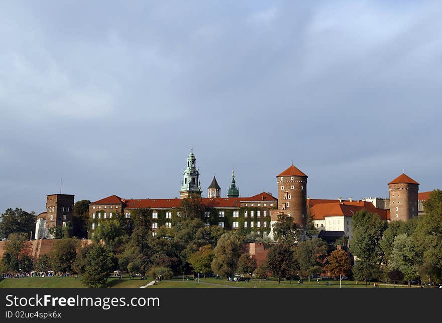 The gothic Wawel Castle and Wawel Cathedral (The Cathedral Basilica of Sts. Stanislaw and Vaclav) - famous folish landmarks on the Wawel Hill in Cracow (Krakow)