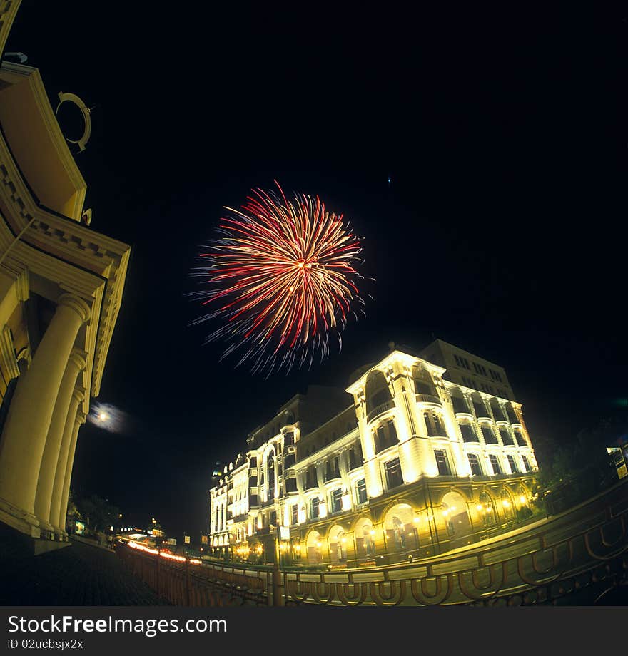 Fireworks over a city.