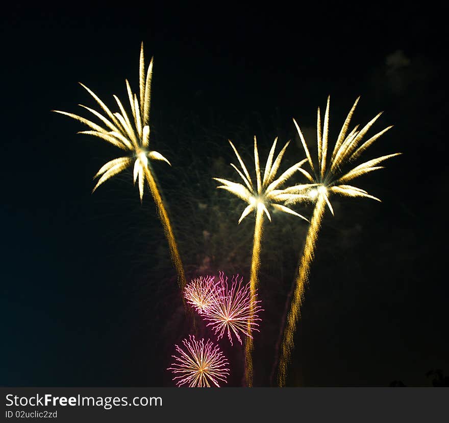 Yellow fireworks as palm at night