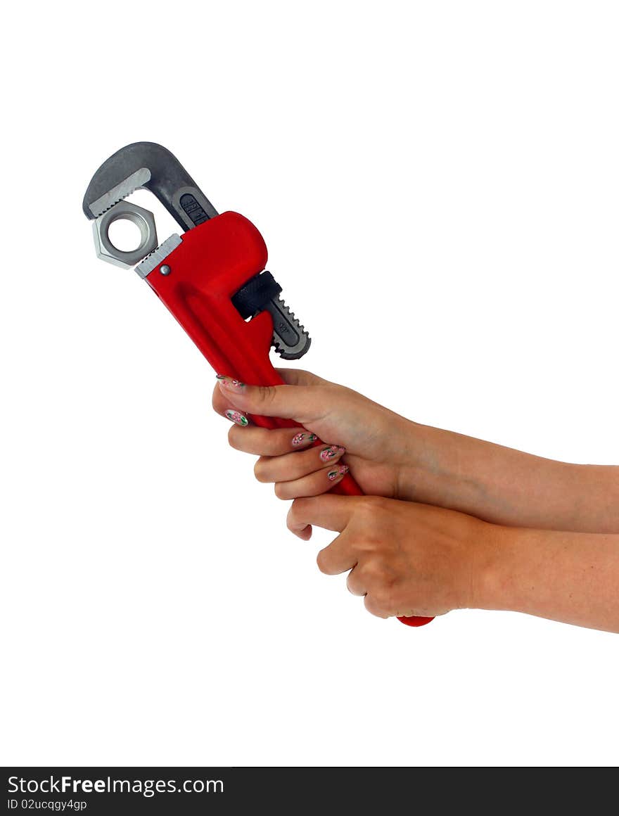 Holding Pipe Wrench in woman Hand Isolated on White. Holding Pipe Wrench in woman Hand Isolated on White