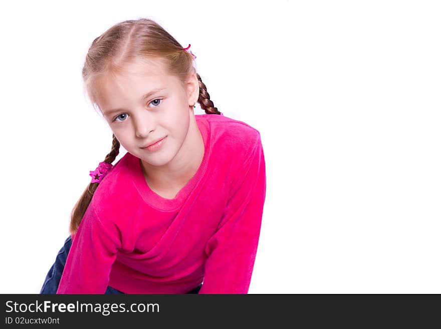 Portrait of a cute little girl on white background ..