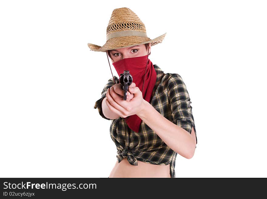 Super sexy rodeo cowgirl in torn jeans, boots and cowboyhat. Portrait of Cowboy Holding Gun Up.