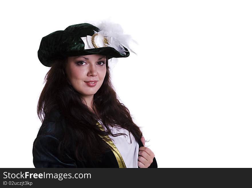 Woman wearing fancy dress on Halloween. A young woman dressed up as in pirate costume isolated on white. Having a Great Halloween. Woman wearing fancy dress on Halloween. A young woman dressed up as in pirate costume isolated on white. Having a Great Halloween