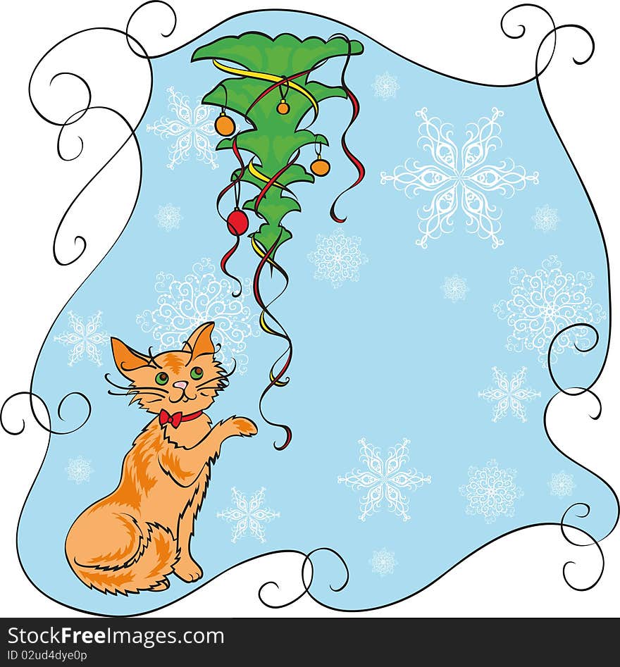 Orange cat and new year tree on winter background. Orange cat and new year tree on winter background