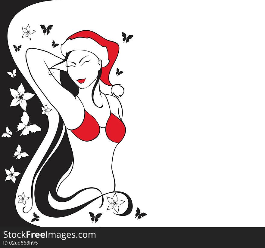 Christmas girl in red hat with butterflies and flowers