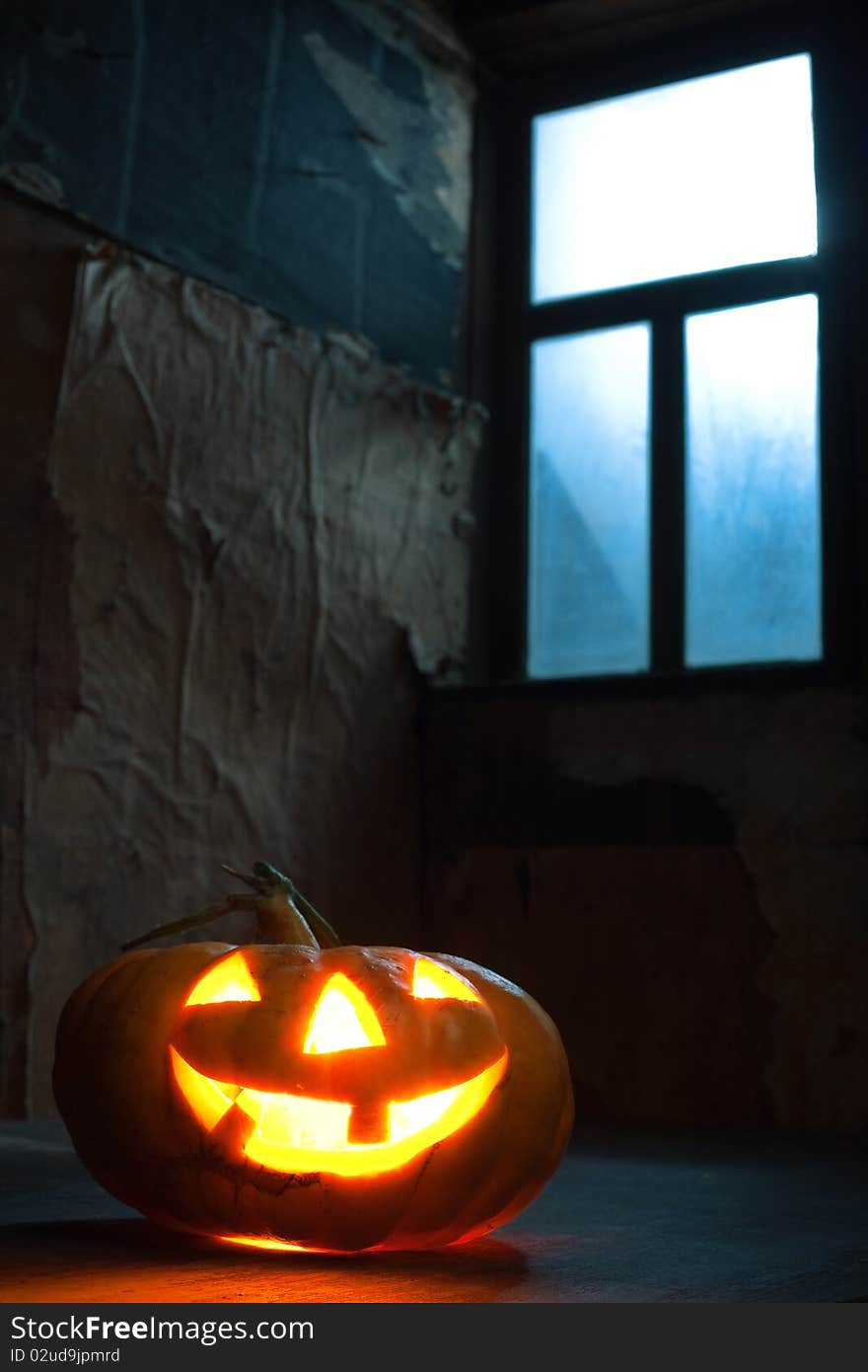 Halloween Pumpkin In Night On Old Wood Room