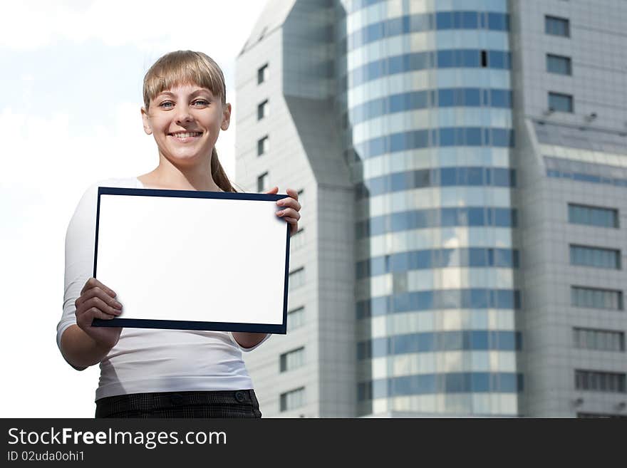 Beauty business woman on modern glass building with document