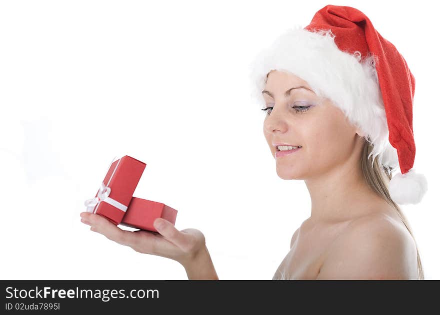 Beauty woman in  Santa hat with present