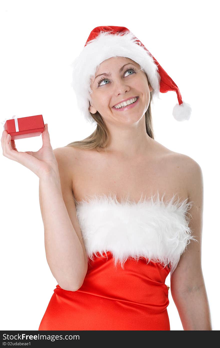 Beauty woman in Santa hat with present isolated on white. Beauty woman in Santa hat with present isolated on white