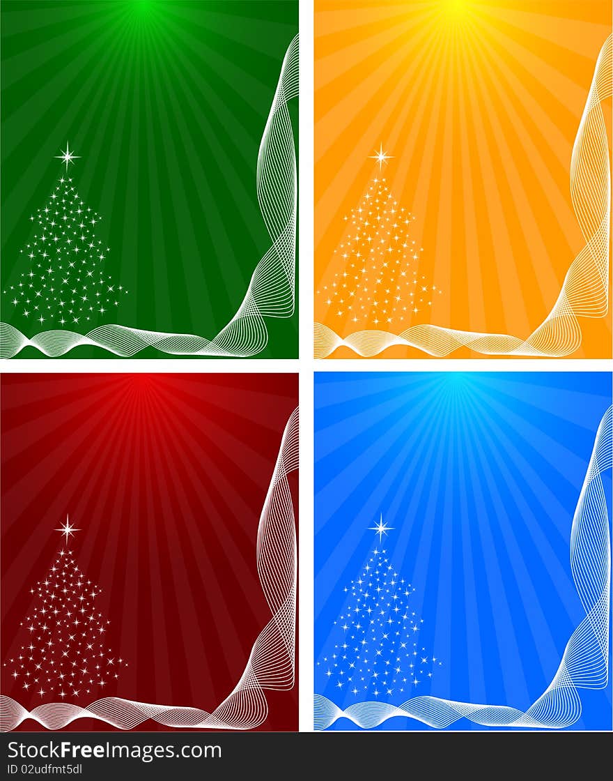 Abstract winter background with christmas tree and scrolls