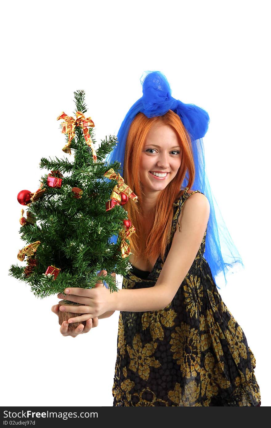 The young beautiful girl in a dress holds a Christmas tree on is isolated a background