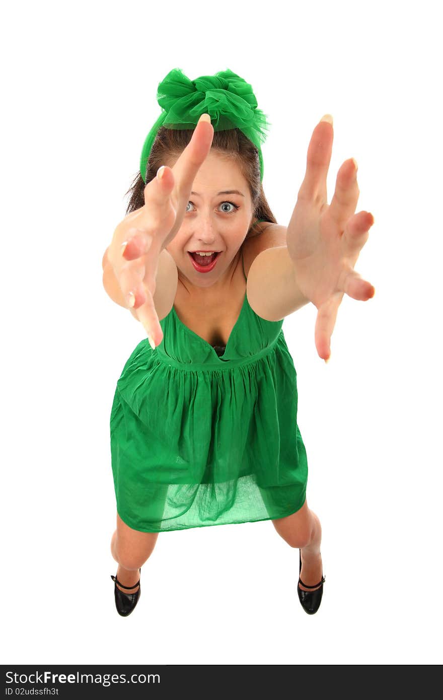 The young girl pulls hands upwards is isolated on a white background