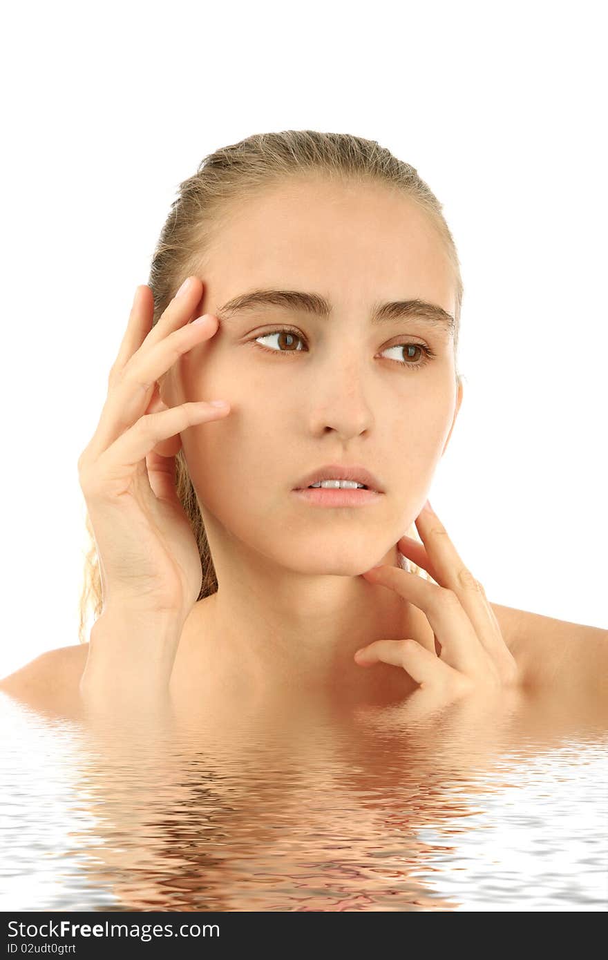 Half face with arm in water isolated background