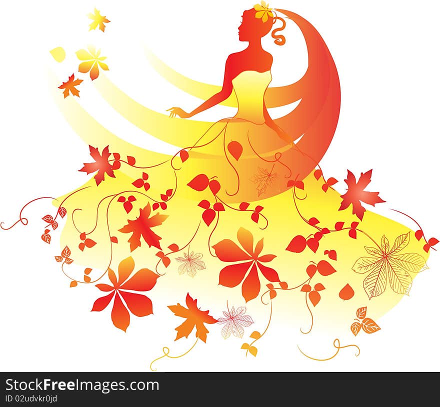 Girl in dress with autumn leaves. Girl in dress with autumn leaves