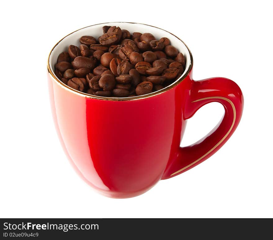 Cup with grain coffee isolated on white background