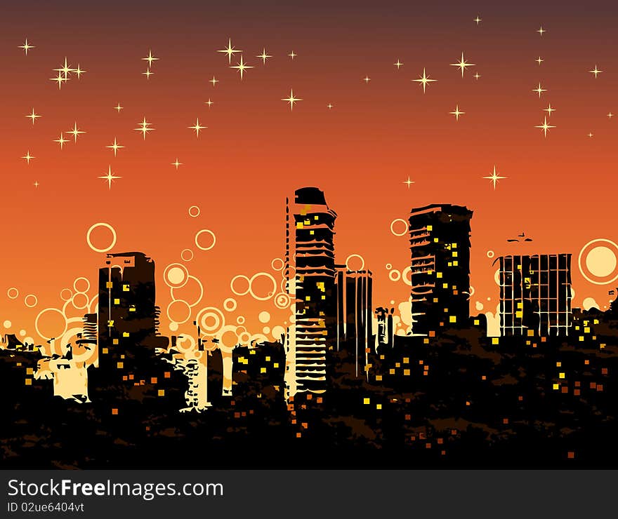 Illustration of night city. Sky with stars. Illustration of night city. Sky with stars