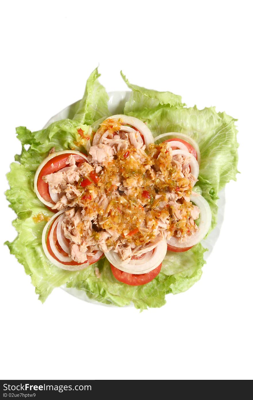 Thai spicy Tuna with Green salad onion and tomato isolated on white. Thai spicy Tuna with Green salad onion and tomato isolated on white