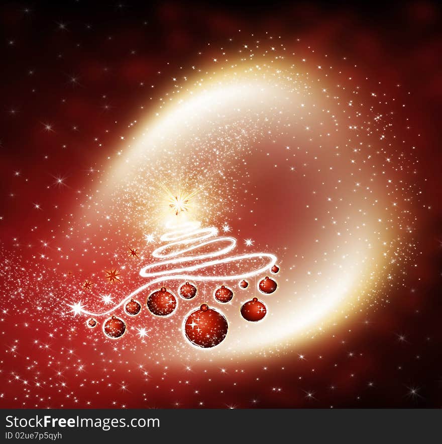 Red Christmas background with tree and stars. Red Christmas background with tree and stars