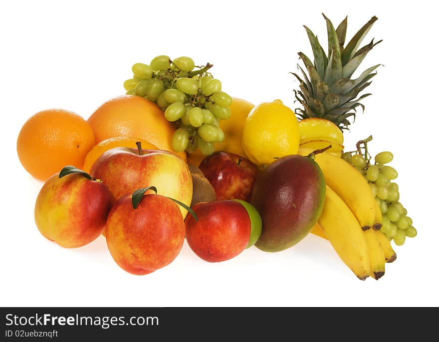 Assortment of fresh fruits on white background