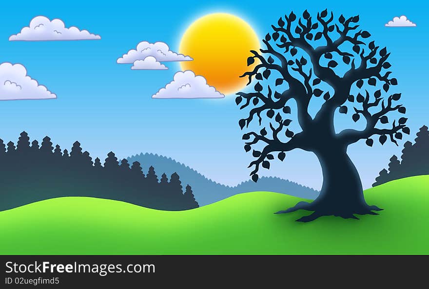 Leafy tree silhouette in landscape - color illustration.