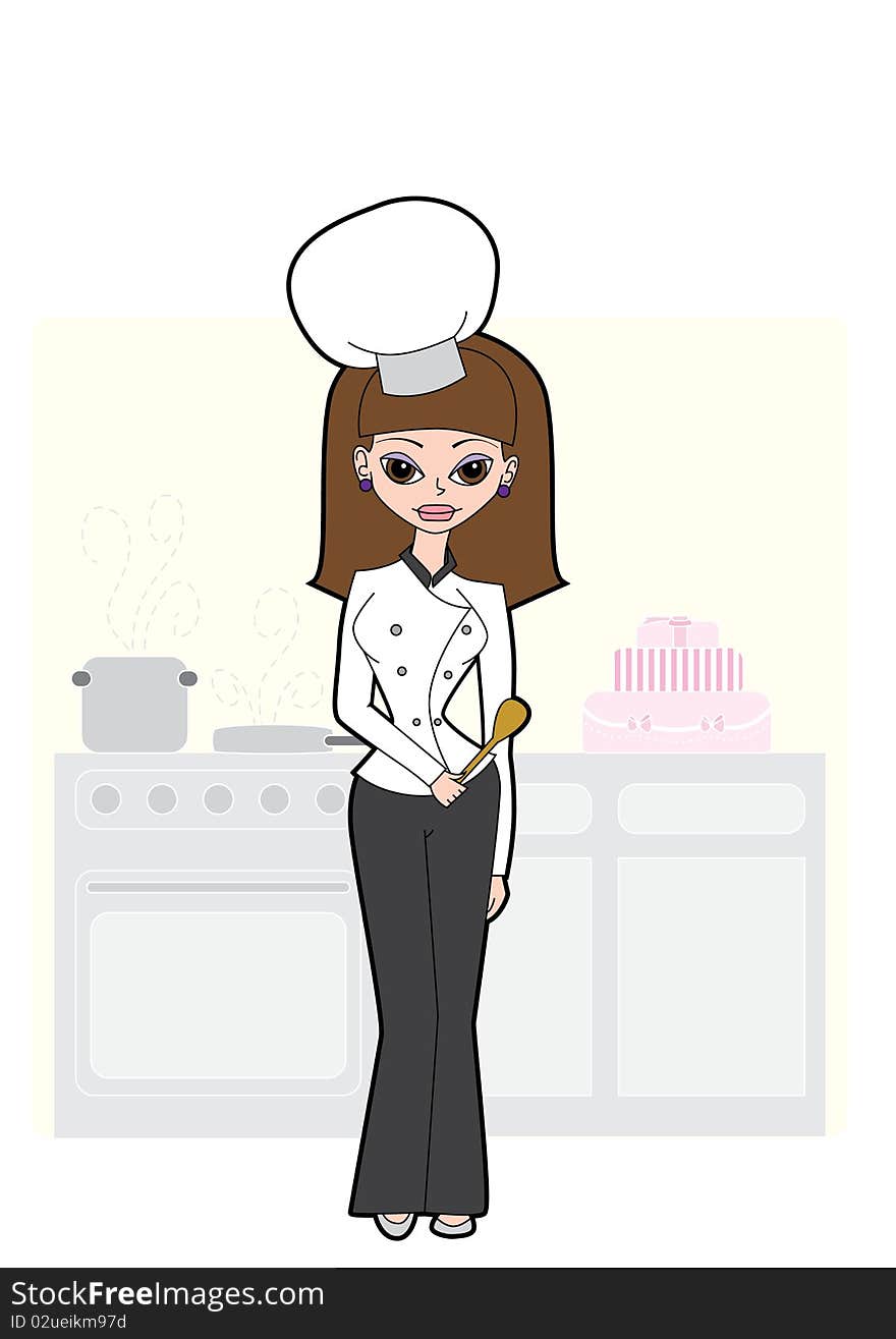 A retro stylish cooker character with a wood spoon in her hand. A retro stylish cooker character with a wood spoon in her hand