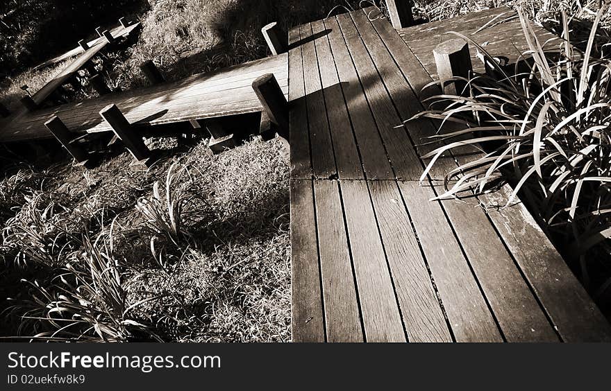 A boardwalk found in a small park in Suginami Ward, Tokyo, Japan. A boardwalk found in a small park in Suginami Ward, Tokyo, Japan.