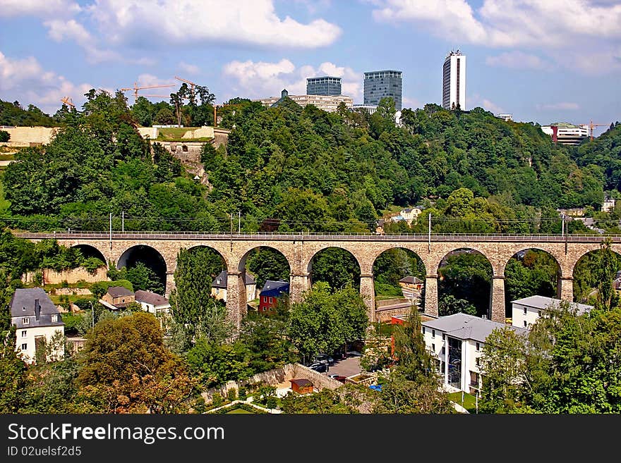 Luxembourg. Clausen Viaduct and the green hill