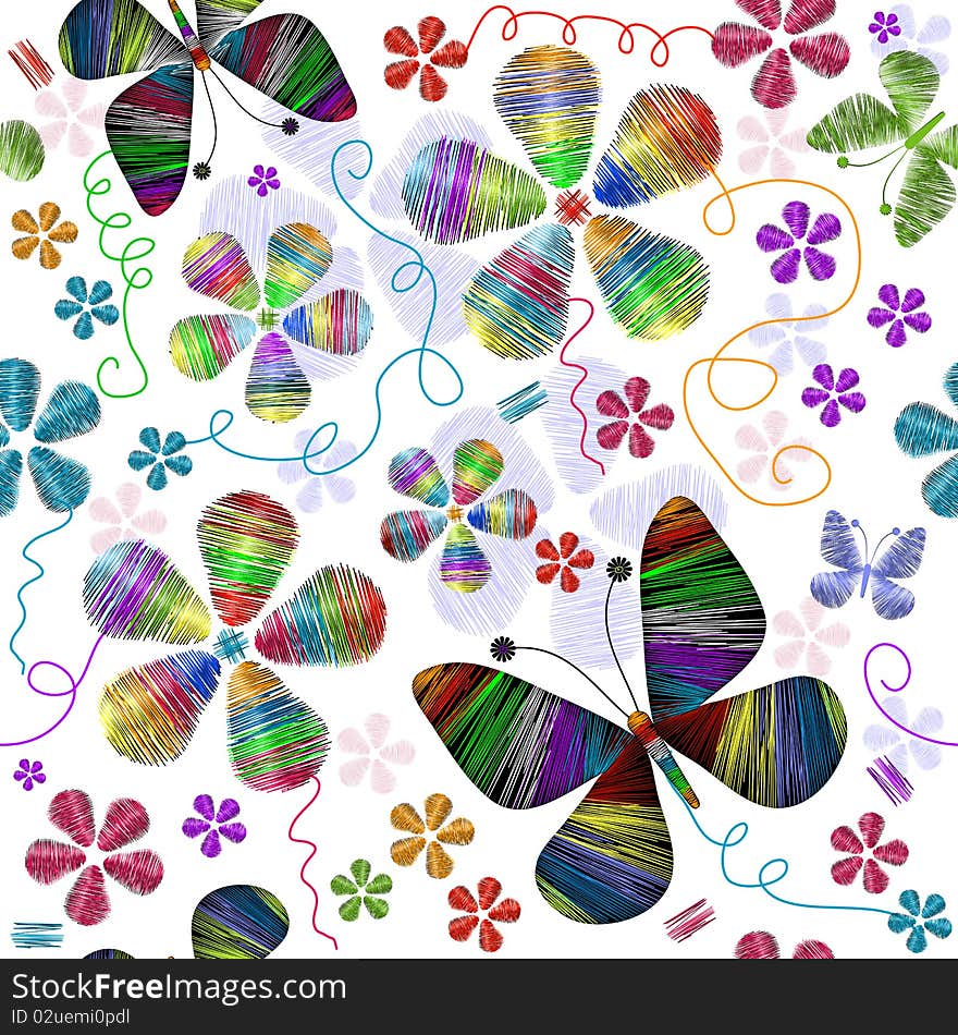 White seamless floral pattern with vivid butterflies and flowers