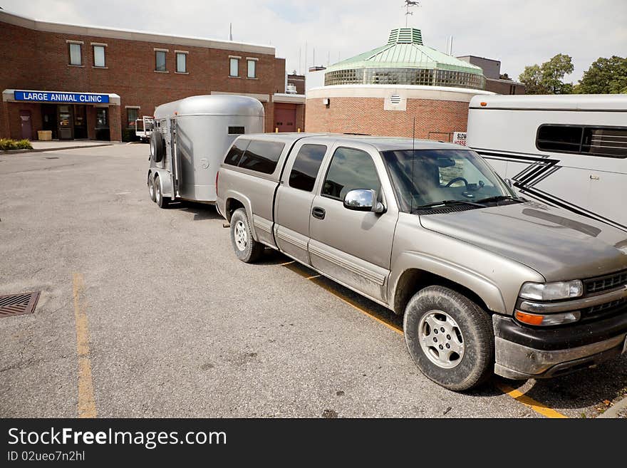 Truck And Stock Trailer At Veterinary Clinic