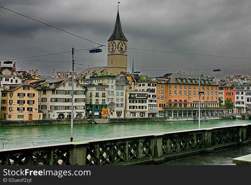 Zurich. The bund of river Limmat in rainy weather