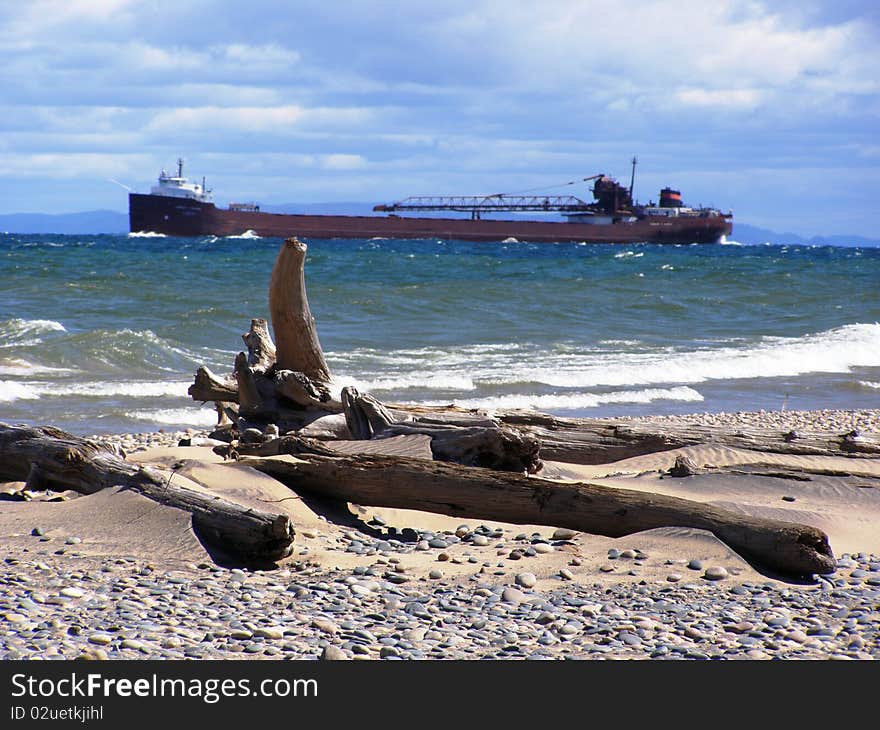 Busy working barge on a windy Lake Superior. Busy working barge on a windy Lake Superior