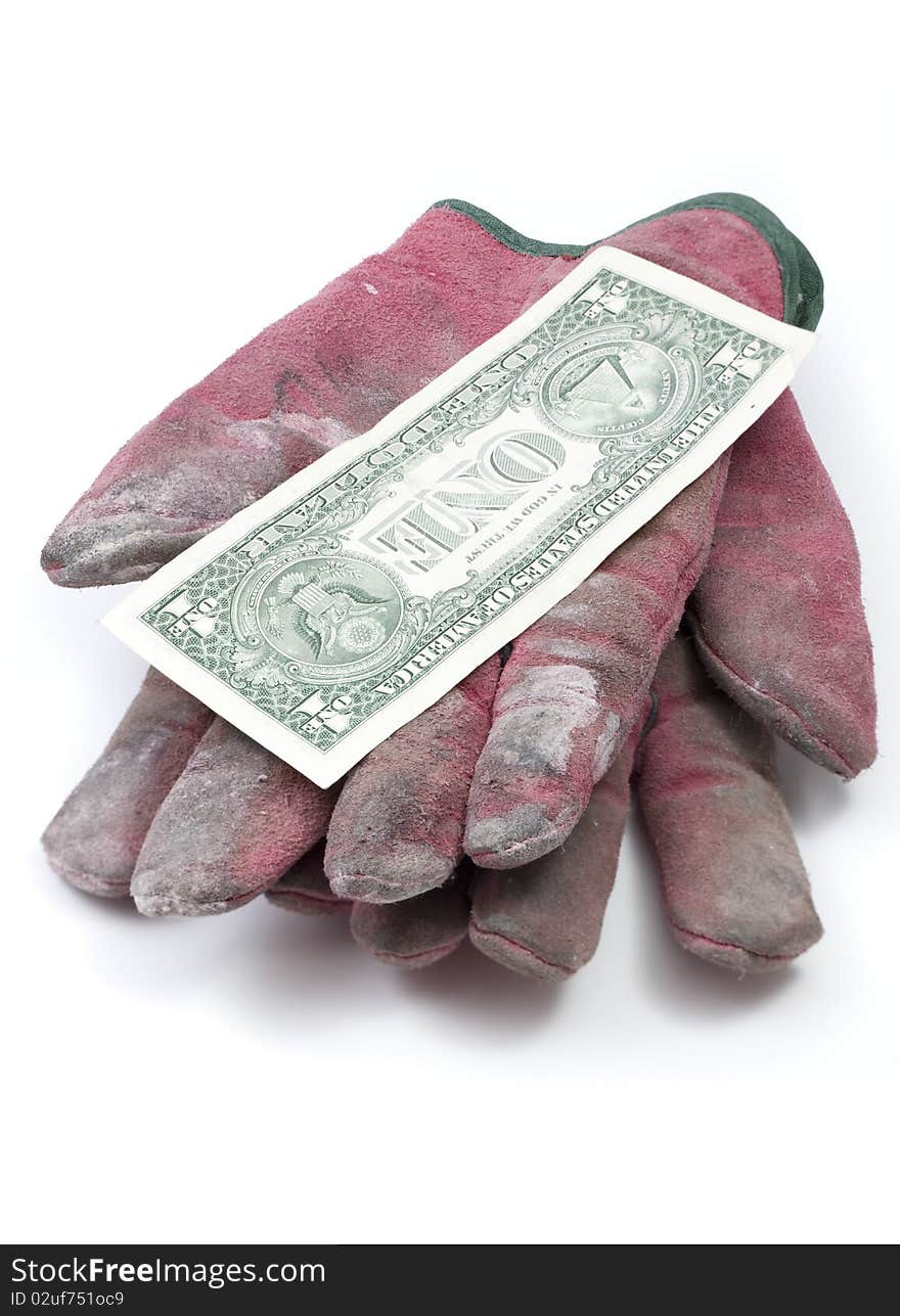 Red Worn Work Gloves with Dollar