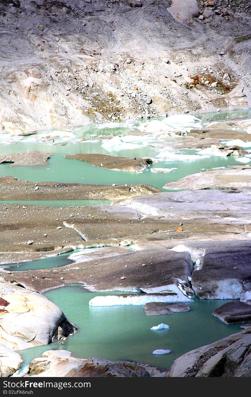 A glacier Melting next to a snowy hill with ice and cold blue water in Switzerland