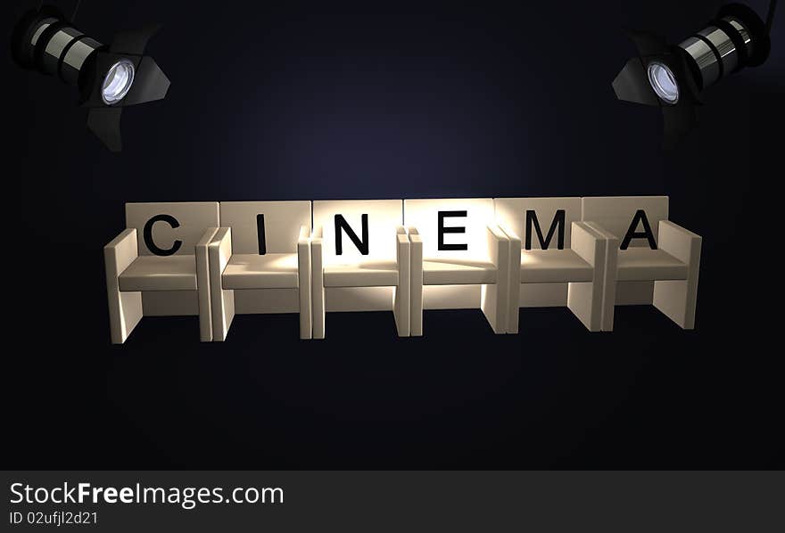 Text cinema on blue background with a spotlight