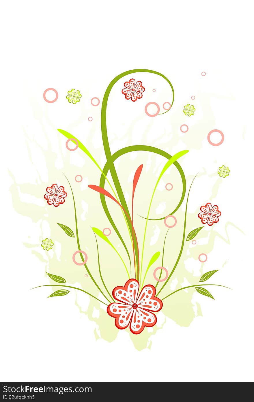 Grunge floral background with red flowers and scroll, vector illustration