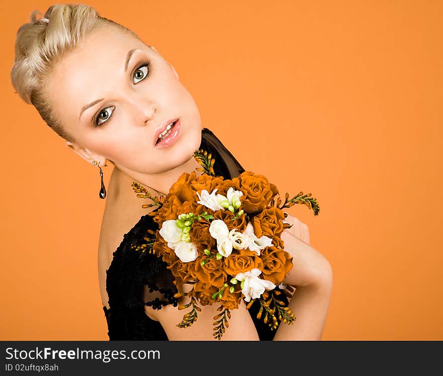 Woman with bouquet of flowers. Woman with bouquet of flowers