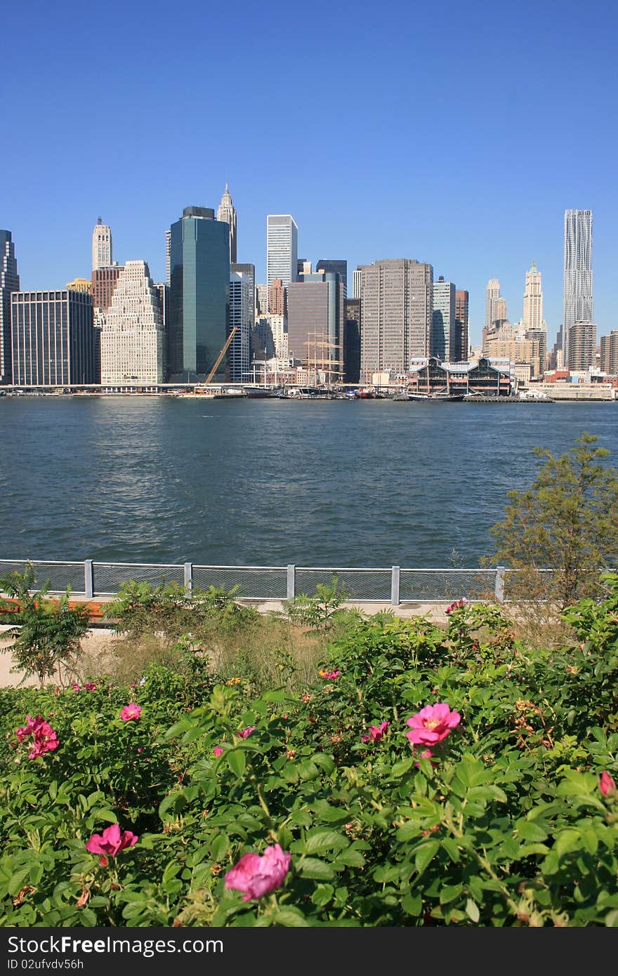 Lower Manhattan skyline and the East River as seen from Brooklyn Bridge Park. Lower Manhattan skyline and the East River as seen from Brooklyn Bridge Park.