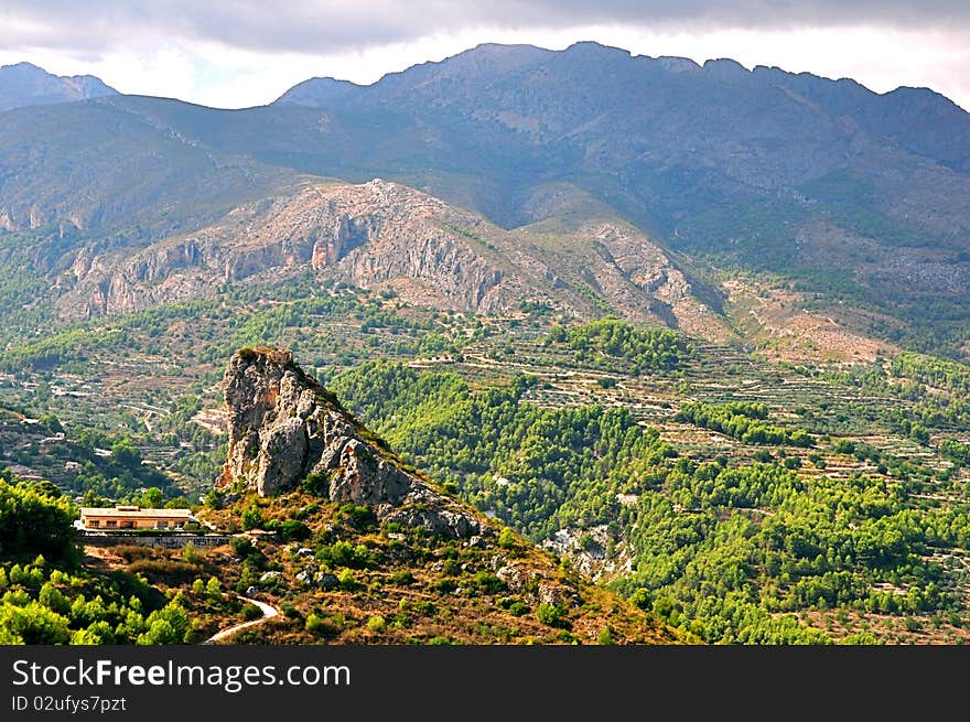 Spain Guadalest mountain sun sky ridge protrusion landscape painting Village