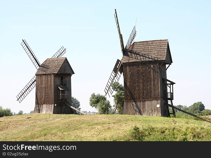 Antique trestle type Windmills (19th century) on a hill