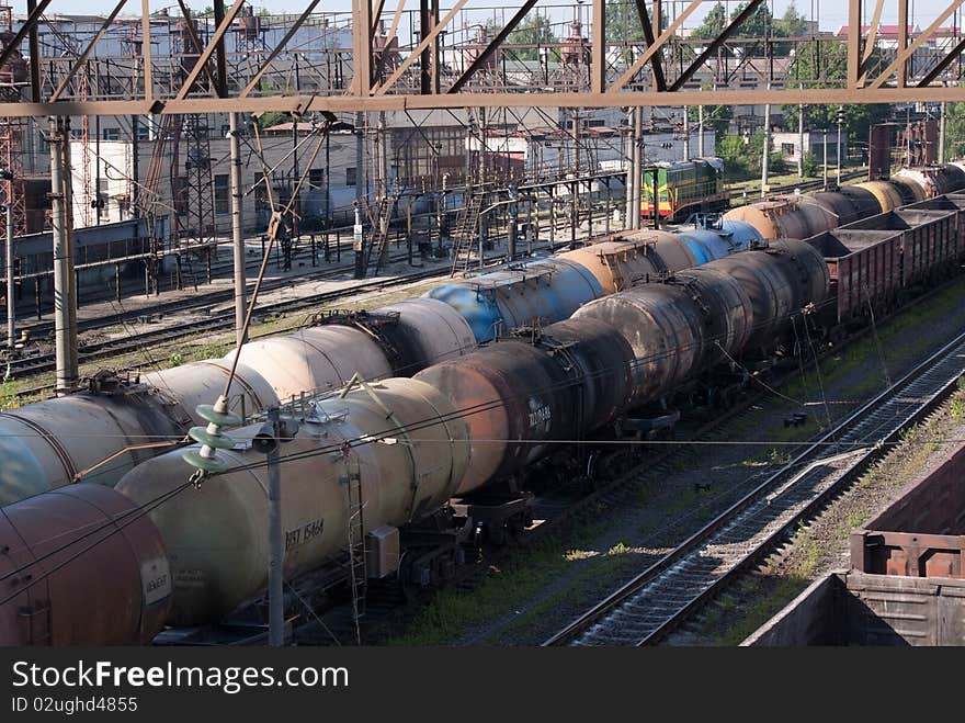 Multi-colored railway tanks