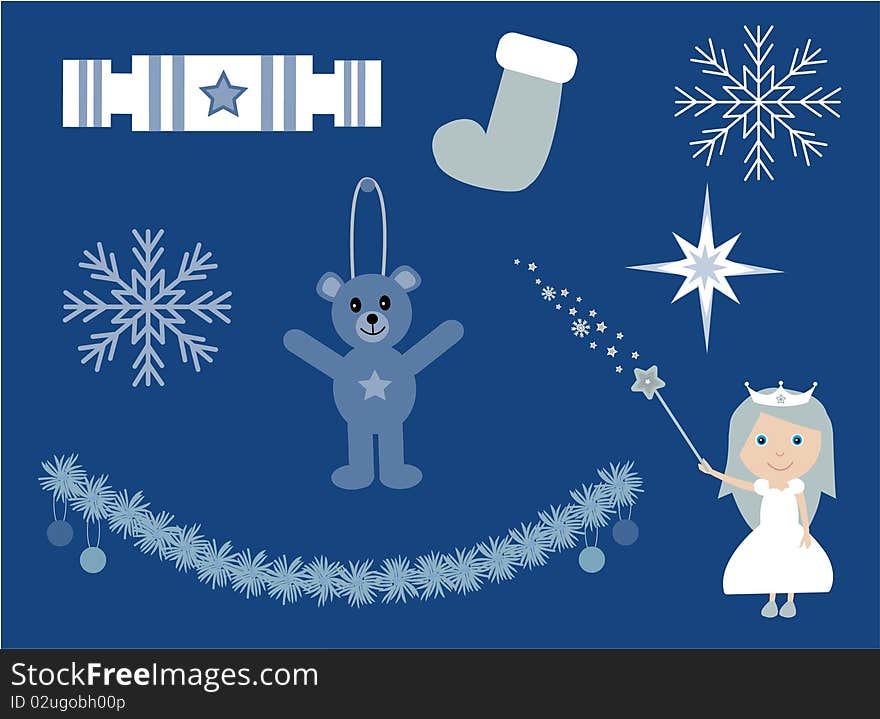 A collection of isolated Christmas elements in blue and white  illustration. A collection of isolated Christmas elements in blue and white  illustration