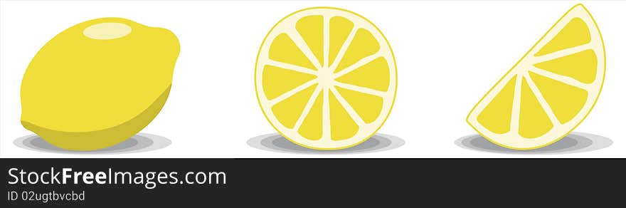 Three lemon illustrations on a white background. Full lemon, full slice and half slice. Three lemon illustrations on a white background. Full lemon, full slice and half slice.