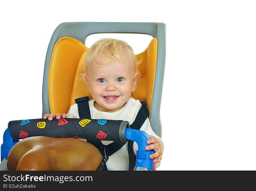 Little boy in the bicycle chair on white. Little boy in the bicycle chair on white