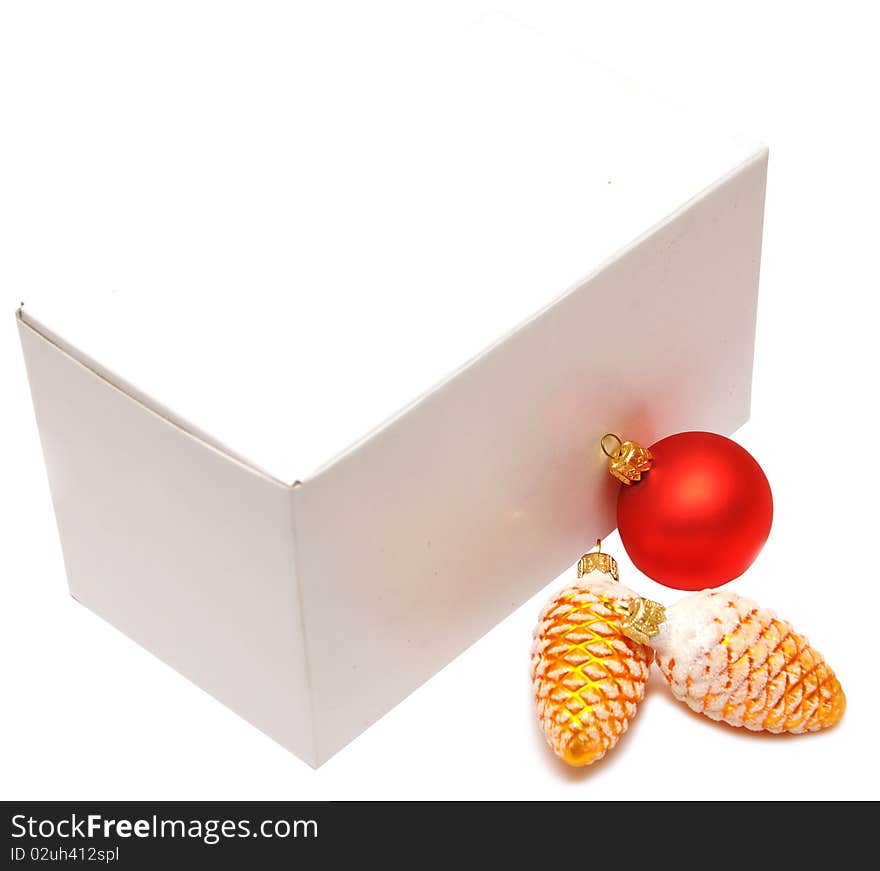 Christmas decoration and gift box on white background