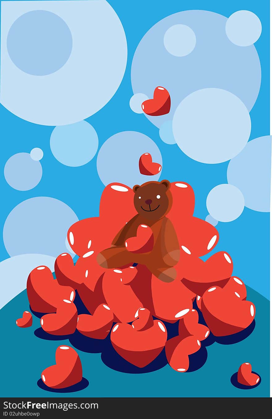 Images of a teddy bear who sits on a big pile of heart. Images of a teddy bear who sits on a big pile of heart.